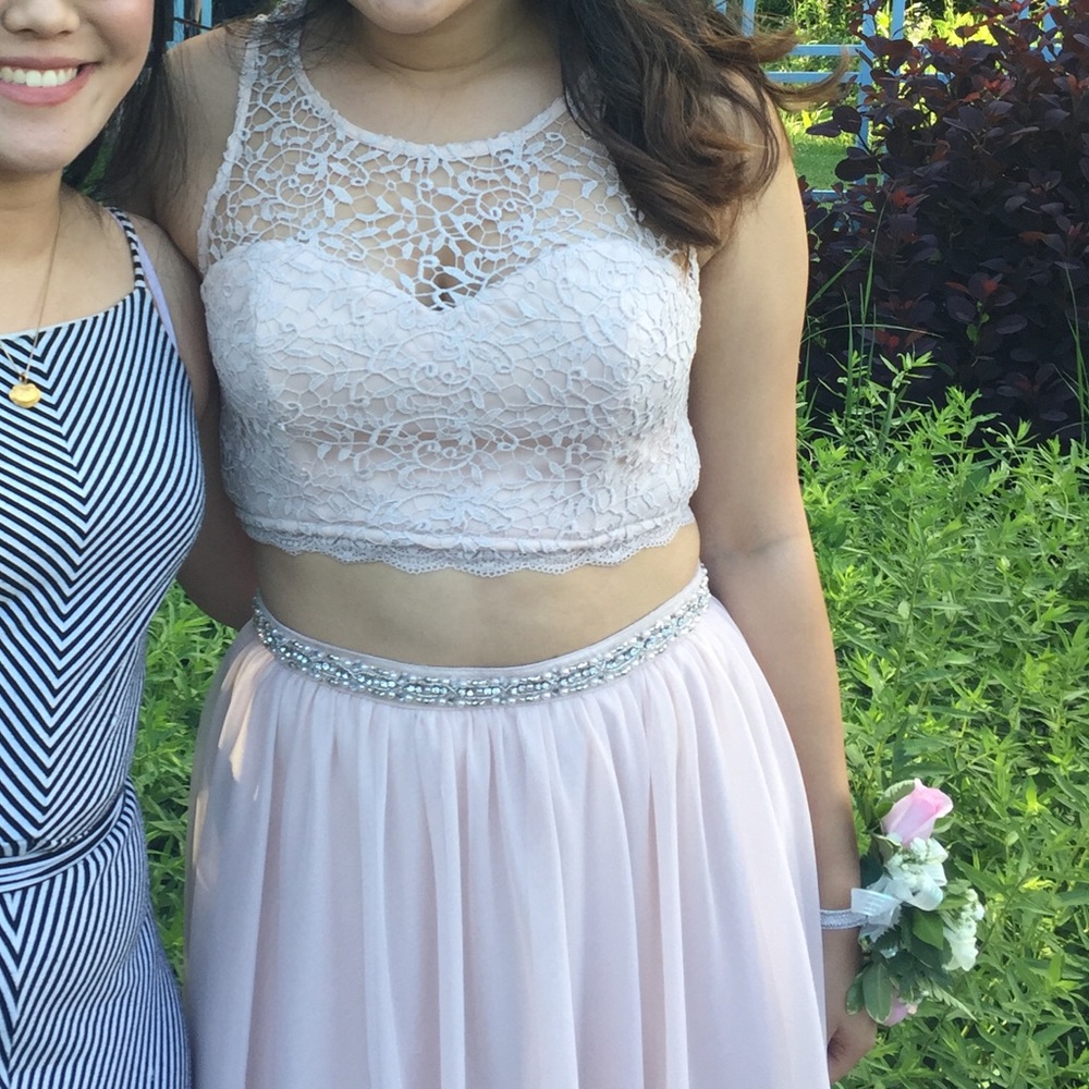 Prom Girl Sequin Hearts Buff Two-Piece Prom Dress